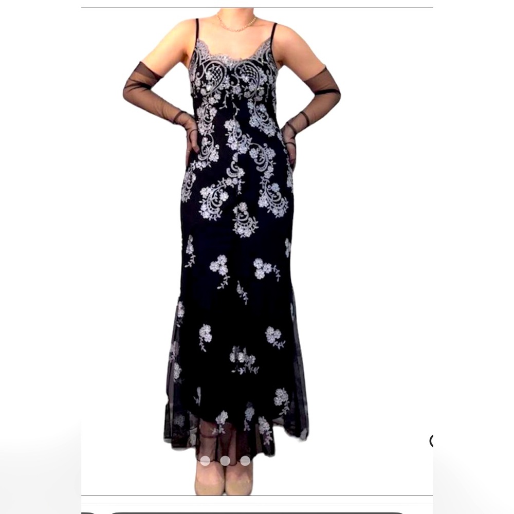 CARABELLA COLLECTION PROM COCKTAIL LONG DRESS BLACK SILVER FLORAL LONG DRESS M